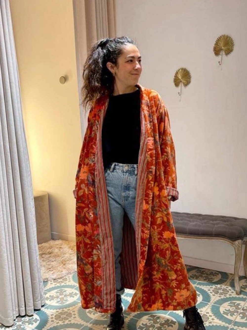 Boho Floral Long Duster Coat in Warm Rust Tones